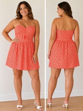 BeBop Coral Pink Polka Dot Strapless Dress Retro NWT Size Large